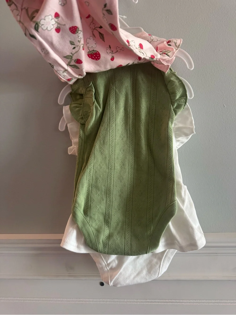 NWT 3-Piece Baby Girl Romper Set with Strawberry Accent - White, Green, Pink